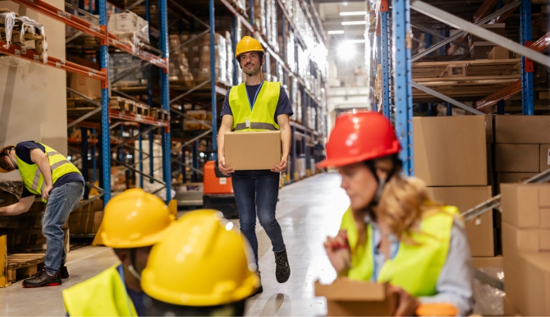 Funcionários fazendo o packing, a separação dos produtos no armazém